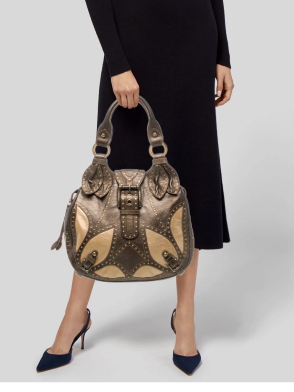 Isabella Fiore Metallic Taupe and Champagne Leather Hobo